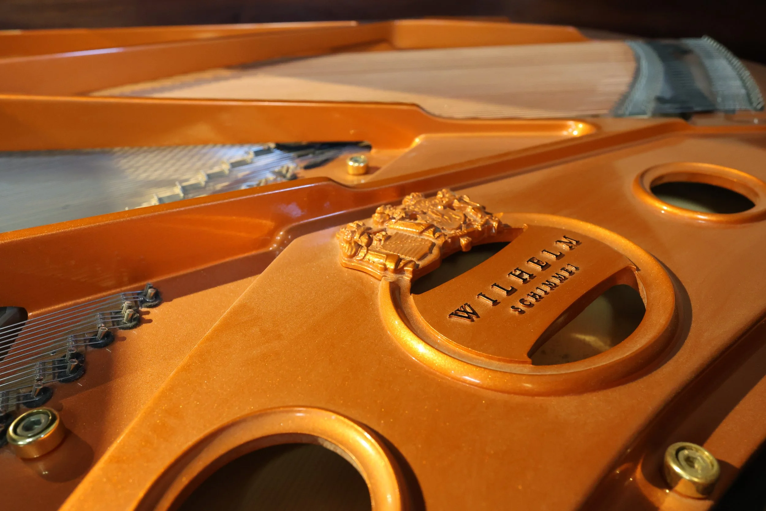 Copper plate and strings inside an open grand piano